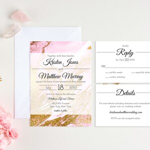 Pink and gold marble wedding invitation set, wedding invitation suite, editable template wedding RSVP, instant download