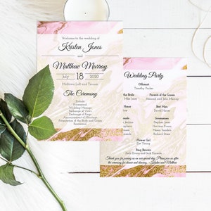 May include: Wedding ceremony programme with pink and gold marble design. The programme includes the names Kristen Jones and Matthew Murray, the date 18 July 2020, and the wedding party.
