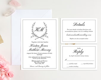 Monogram wreath wedding invitation suite template, monogram wedding invitation, editable template RSVP, digital download, wreath wedding