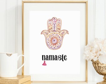 Namaste Hamsa Hand Print, Bohemian Wall Art, Yoga Decor, Boho Home Print, Spiritual Wall Decor, Digital Download