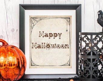 Happy Halloween Print, Vintage Halloween Wall Decor, Spooky Home Art, Halloween Party Decor, Digital Download