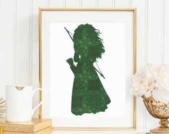 Impression d'art Merida Brave Silhouette, décoration murale princesse Disney, cadeau pour les fans de cinéma courageux, art de la chambre de filles, téléchargement numérique