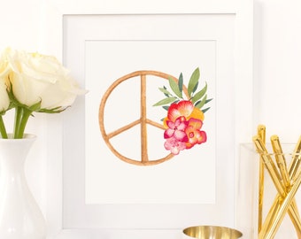 Floral Peace Sign Print: Bohemian Watercolor Art (Digital Download)