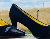 Woman s 6 Couture Vintage Python Black Suede Heels Pumps Gold Lined Snake Skin Heels 90s