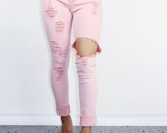 Womens 15/16 Hand Distressed Pink Jeans 