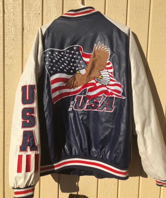USA American Eagle Flag Leather Style Motorcycle Jacket Wool