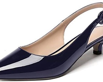 Women’s size 9 Wayderns WAYDERNS Women's Navy Blue Pointed Toe Ankle Strap Solid Buckle Low Heel 1.5 Inch Kitten Patent Pumps Shoes Size 9