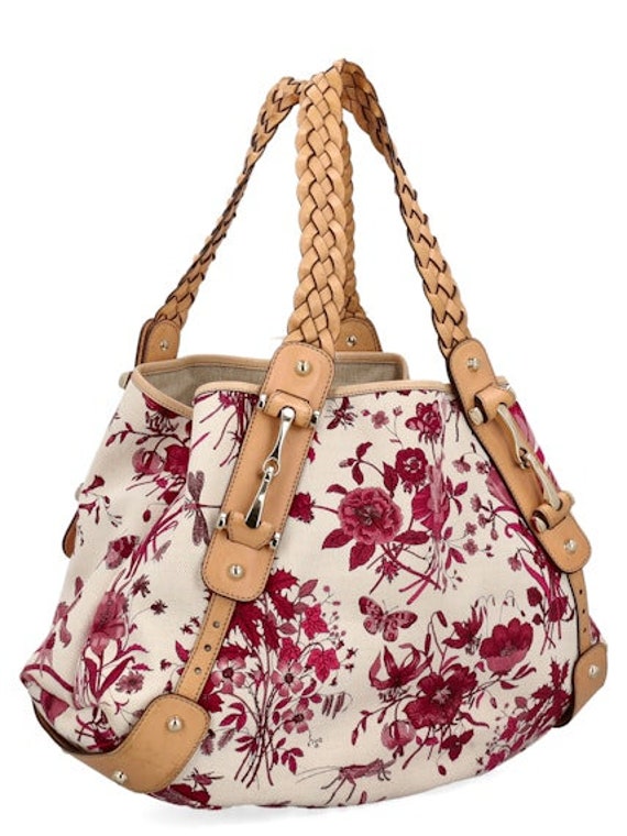 Gucci Tote Bag Beige/Purple Floral Canvas Horse Bi