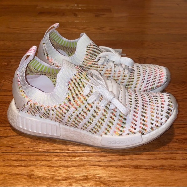 Womens 10 Adidas NMD R1 Primeknit Sneakers, White/Yellow/Pink