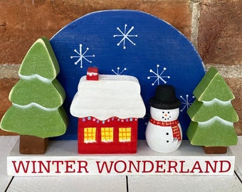 Handmade Christmas Scene: Wooden Snowman, House & Trees Decor