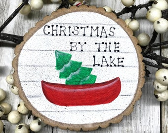 Christmas By The Lake Ornament, 2023 Christmas Ornament,  Farmhouse Christmas Ornament, Handmade Wooden Ornament, Canoe with Christmas Tree