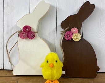 Easter Decor Wooden Chocolate Bunny, Tiered Tray Decoration for Easter, Spring Decoration Dark Chocolate and White Chocolate Rabbits