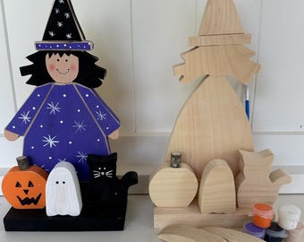 Halloween Witch, Cat, Ghost and Pumpkin Craft Kit, Hand Cut Wooden DIY Kit for all ages