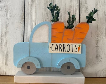 Easter Decor, Farmhouse Spring Decoration, Housewarming Gift For Easter, Handmade  Blue Truck with Carrots, Hand Painted Easter Decoration
