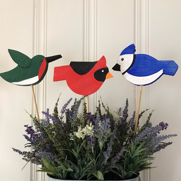 Bird Planter Sticks Trio, Hummingbird Cardinal & Blue Jay Plant Stakes, Bird Lover Spring and Summer Decor, Mothers Day Planter Stake