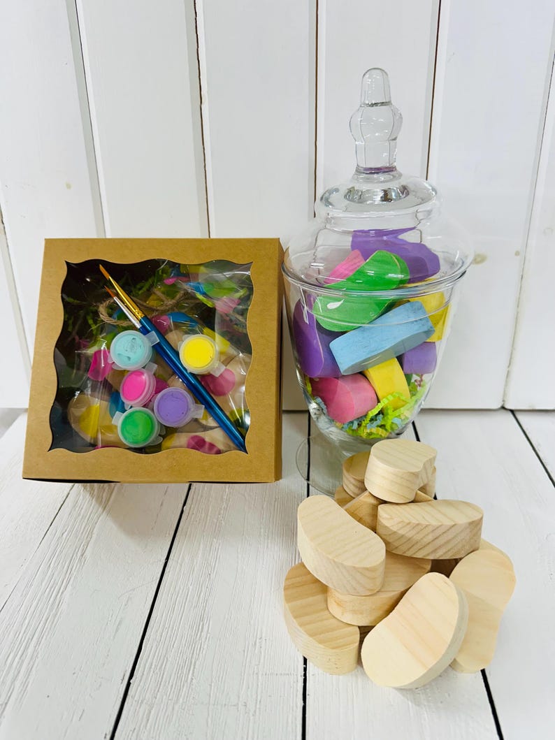 Easter Decor Wooden Jelly Beans Craft Kit with Paint, Spring and Summer Decoration, 12 Hand Cut Jelly Beans, Kids Easter Party DIY Craft image 1