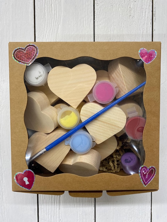 Valentines Day Decor DIY Craft Kit with Paint,  Valentines Wooden Craft Kit for Kids and Adults, 12 Hearts with Paint and Brush