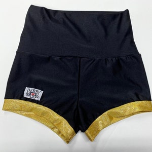 Derby Kiss Holographic Gold and black Roller Derby pole rave booty shorts Regular and High Waisted