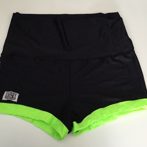 Derby Kiss neon green and black Roller Derby pole rave booty shorts Regular and High Waisted
