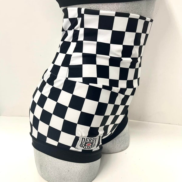 NEW Derby Kiss Roller Derby LARGE Black and white checkered roller derby cross fit pole fitness rave shorts Regular and High Waisted