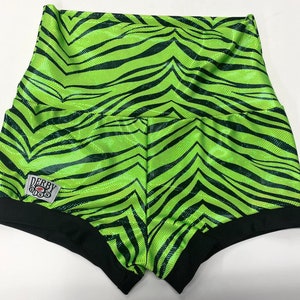 Holographic Lime Green zebra roller derby pole rave fitness lifting shorts