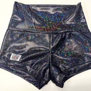Pantalones cortos Derby Kiss Holographic Black Roller Derby con levantamiento de barra, cintura regular y alta