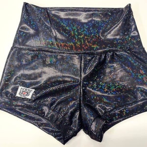 Derby Kiss Holographic Black Roller Derby pole lifting booty shorts Regular and High Waisted