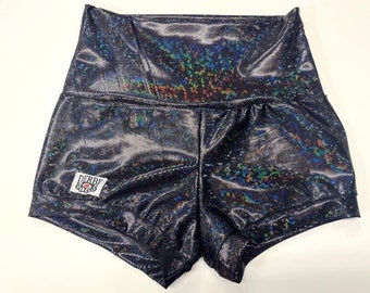 Derby Kiss Holographic Black Roller Derby pole lifting booty shorts Regular and High Waisted