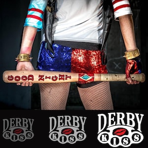 May include: A woman dressed as Harley Quinn holds a wooden baseball bat with the words "Good Night" written on it. She is wearing a red and blue sequined skirt, a white t-shirt, and black leather gloves.