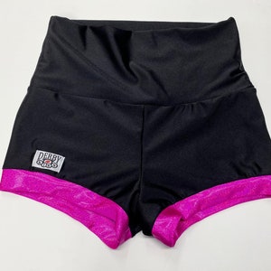 Derby Kiss Holographic Hot Pink and black Roller Derby pole rave booty shorts Regular and High Waisted