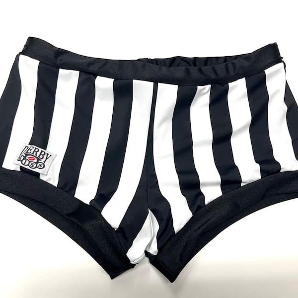 Derby Kiss Black and white stripe Roller Derby pole lifting booty referee shorts Regular and High Waisted