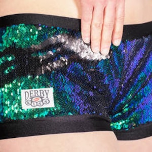 LAST ONE XS Derby Kiss Color changing sequin mermaid blue green and black roller derby rave festival shorts