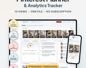 Pinterest Planner Template, Pin Content Calendar & Analytics Tracker, Pinterest SEO Keyword Planner, Pinterest Marketing for Etsy Sellers