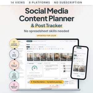 May include: A digital social media content planner and post tracker for 2026 displayed on a laptop and smartphone screen. The interface shows a dashboard with content calendar, auto rates, pricing, brand colors, and monthly review features.