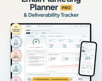 Email Marketing Planner PRO with Deliverability Tracker, Campaign Tracker, Newsletter Content Calendar, Open Rate & Growth Tracker