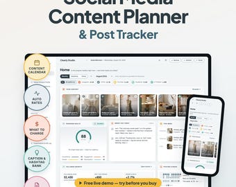 Social Media Content Planner & Post Tracker, Content Calendar for Instagram TikTok YouTube, Engagement Analytics Tracker, Digital Planner