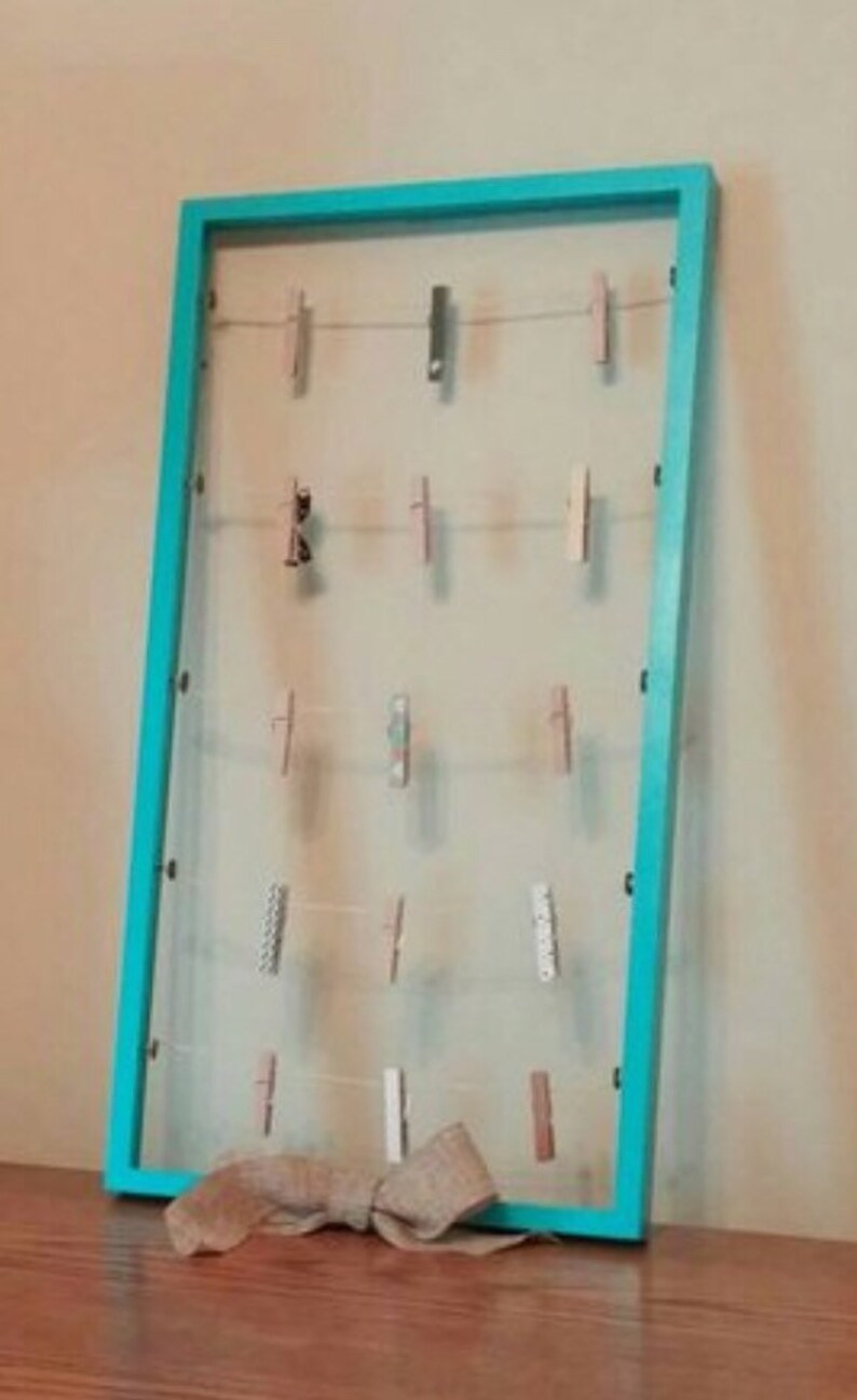 clothesline picture organizer turquoise picture display upcycled picture frame entryway organizer memory board Clothespin picture frame