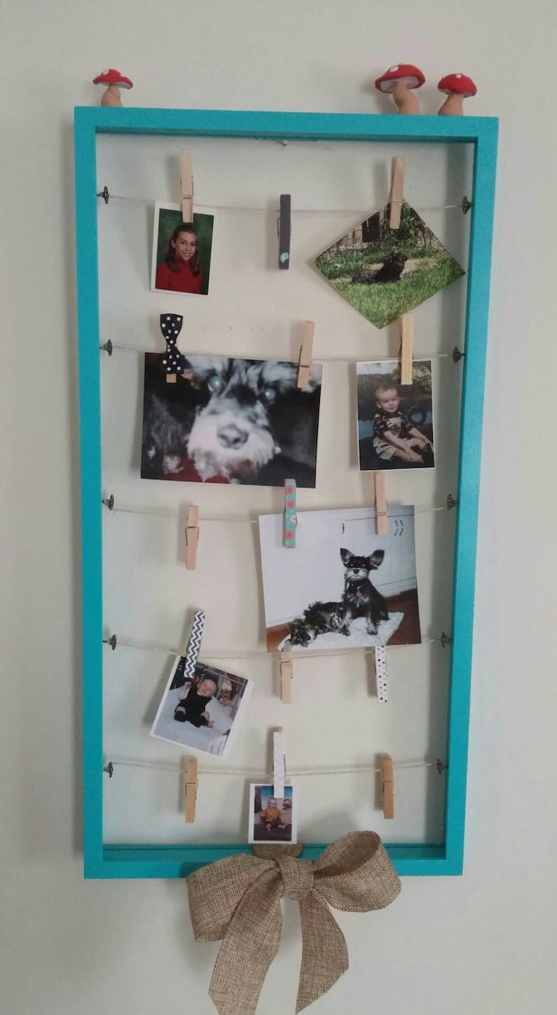 clothesline picture organizer turquoise picture display upcycled picture frame entryway organizer memory board Clothespin picture frame