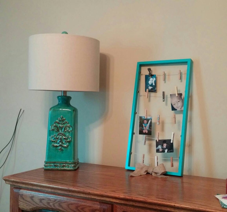 clothesline picture organizer turquoise picture display upcycled picture frame entryway organizer memory board Clothespin picture frame