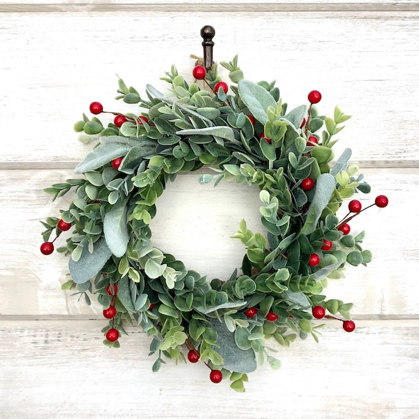 Winter Wreath, Mini Wreath, Frosted Eucalyptus & Lambs Ear Wreath, Faux Greenery Wreath, Candle Wreath, Lambs Ear, Christmas Wreath
