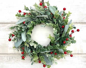 Mini Eucalyptus Wreath, Lambs Ear, Red Berry Candle Wreath, Cabinet Wreath, Winter Wreath, Christmas Wreath, Faux Greenery Wreath