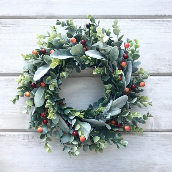 Faux Eucalyptus & Lambs Ear Wreath, Mixed Greenery Wreath, Fall Wreath, Small Wreath, Frosted Eucalyptus Wreath, Lambs Ear, Cabinet Wreath