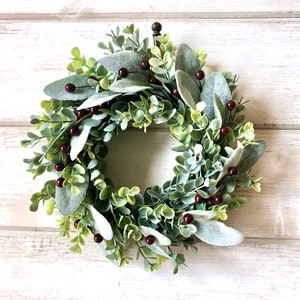 Winter Wreath, Mini Wreath, Frosted Eucalyptus & Lambs Ear Wreath, Faux Greenery Wreath, Candle Wreath, Lambs Ear, Christmas Wreath image 5