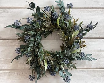Faux Ruscus Wreath with Purple Flowers, Small Greenery Wreath