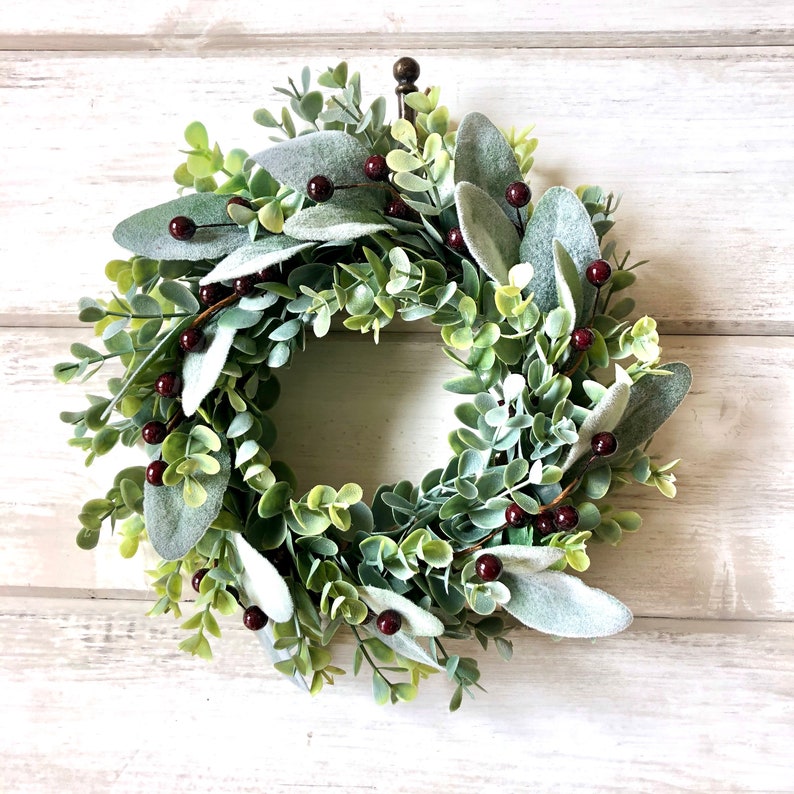 Winter Wreath, Mini Wreath, Frosted Eucalyptus & Lambs Ear Wreath, Faux Greenery Wreath, Candle Wreath, Lambs Ear, Christmas Wreath image 5