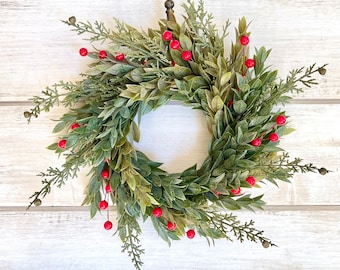 Mini Faux Ruscus Wreath, Red Berry Accents, Christmas Decor