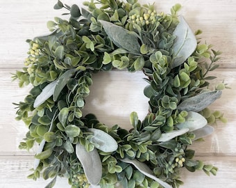 Faux Eucalyptus Lambs Ear Wreath, Small Greenery Candle Ring, 10"