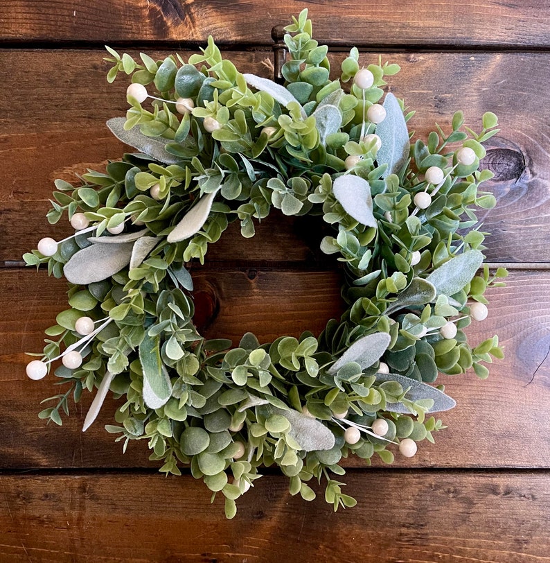 Winter Wreath, Mini Wreath, Frosted Eucalyptus & Lambs Ear Wreath, Faux Greenery Wreath, Candle Wreath, Lambs Ear, Christmas Wreath image 8