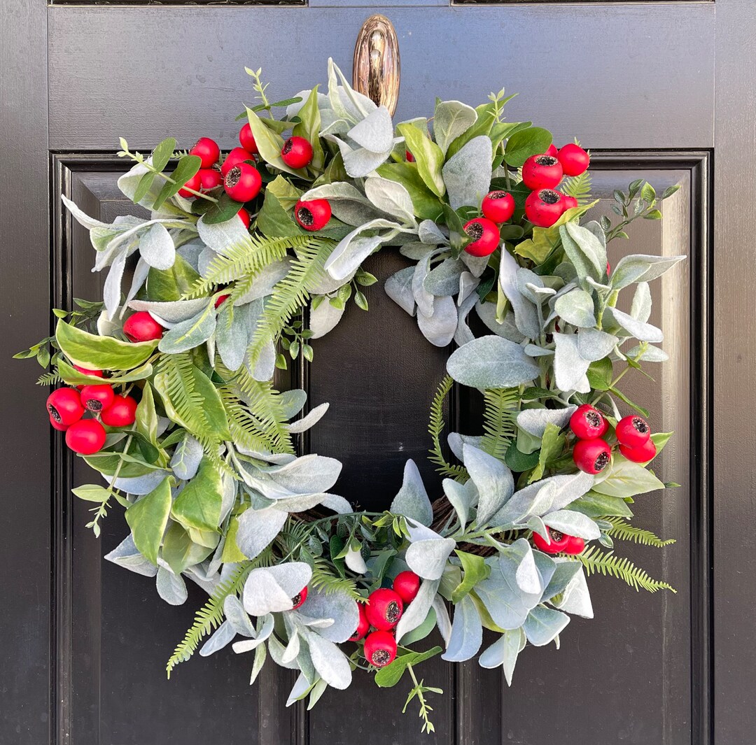 Winter Wreath, Door Wreath, Lambs Ear Wreath, Mixed Greenery Wreath ...