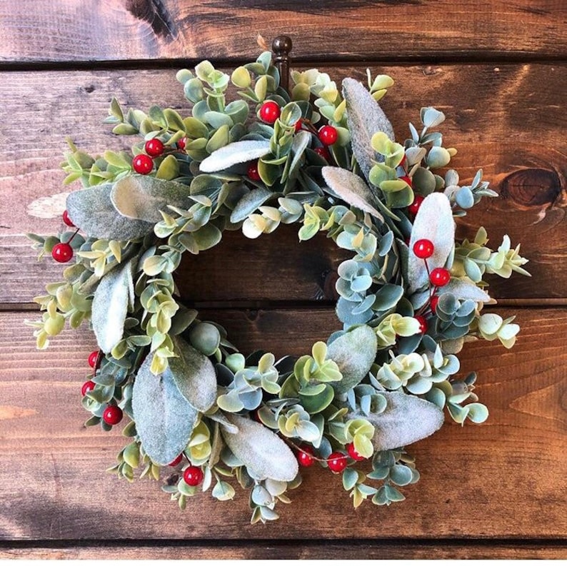 Winter Wreath, Mini Wreath, Frosted Eucalyptus & Lambs Ear Wreath, Faux Greenery Wreath, Candle Wreath, Lambs Ear, Christmas Wreath image 2
